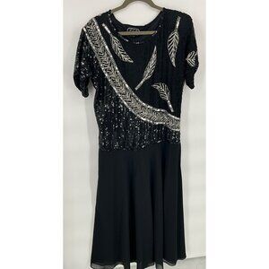 J.L.B. Womens Black Pure Silk Sequin‎ & Beaded Dress With Leaf Pattern Large
